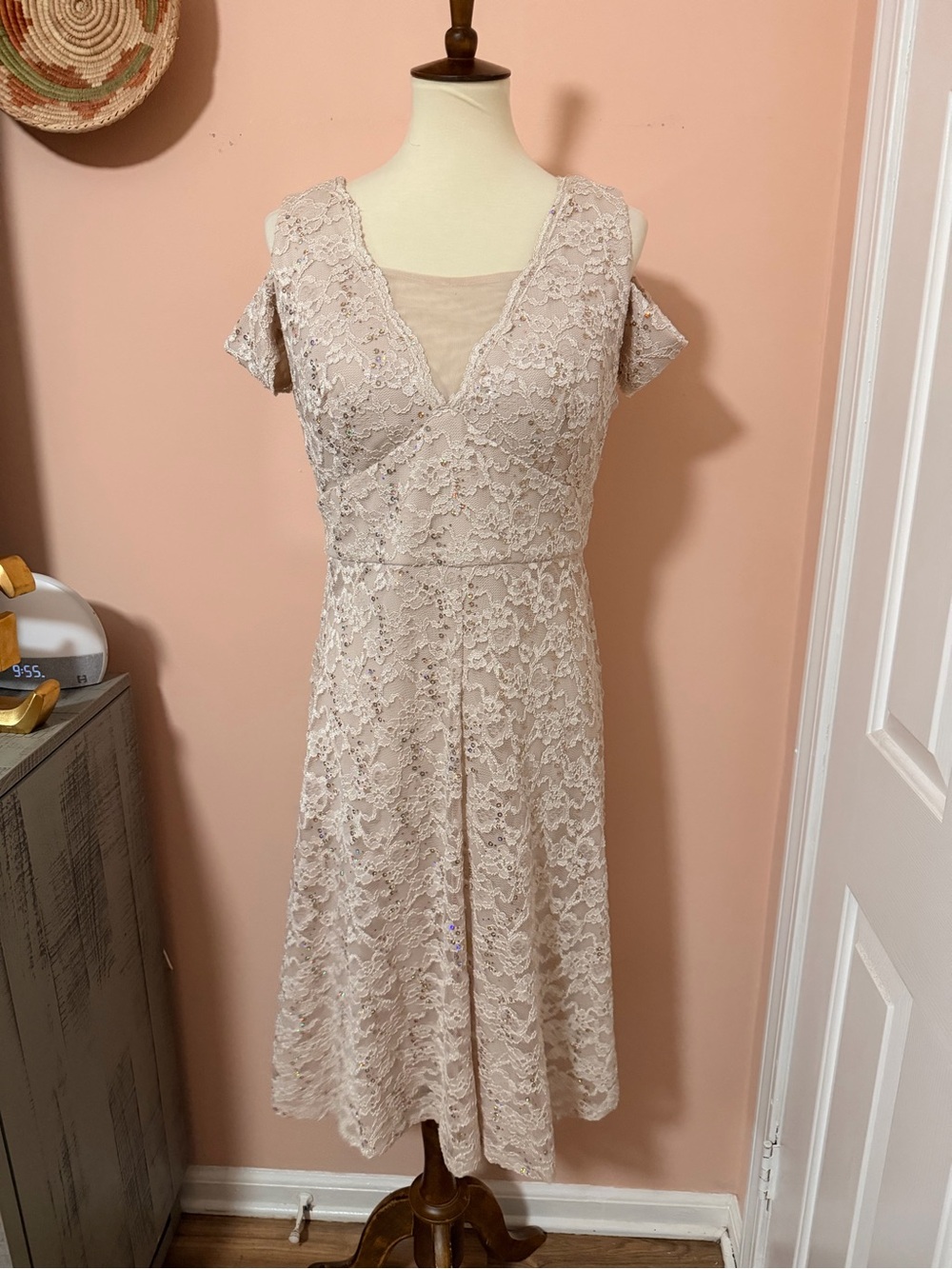 R&M Richards Champagne Sequin Lace Dress with Cold-Shoulder Sleeves Sz 14
